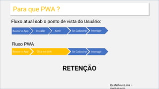 Fluxo atual sob o ponto de vista do Usuário:
By Matheus Lima –
Para que PWA ?
Buscar o App Instalar Abrir Se Cadastrar Interagir
Fluxo PWA
Buscar o App Clica no Link Se Cadastrar Interagir
RETENÇÃO
 