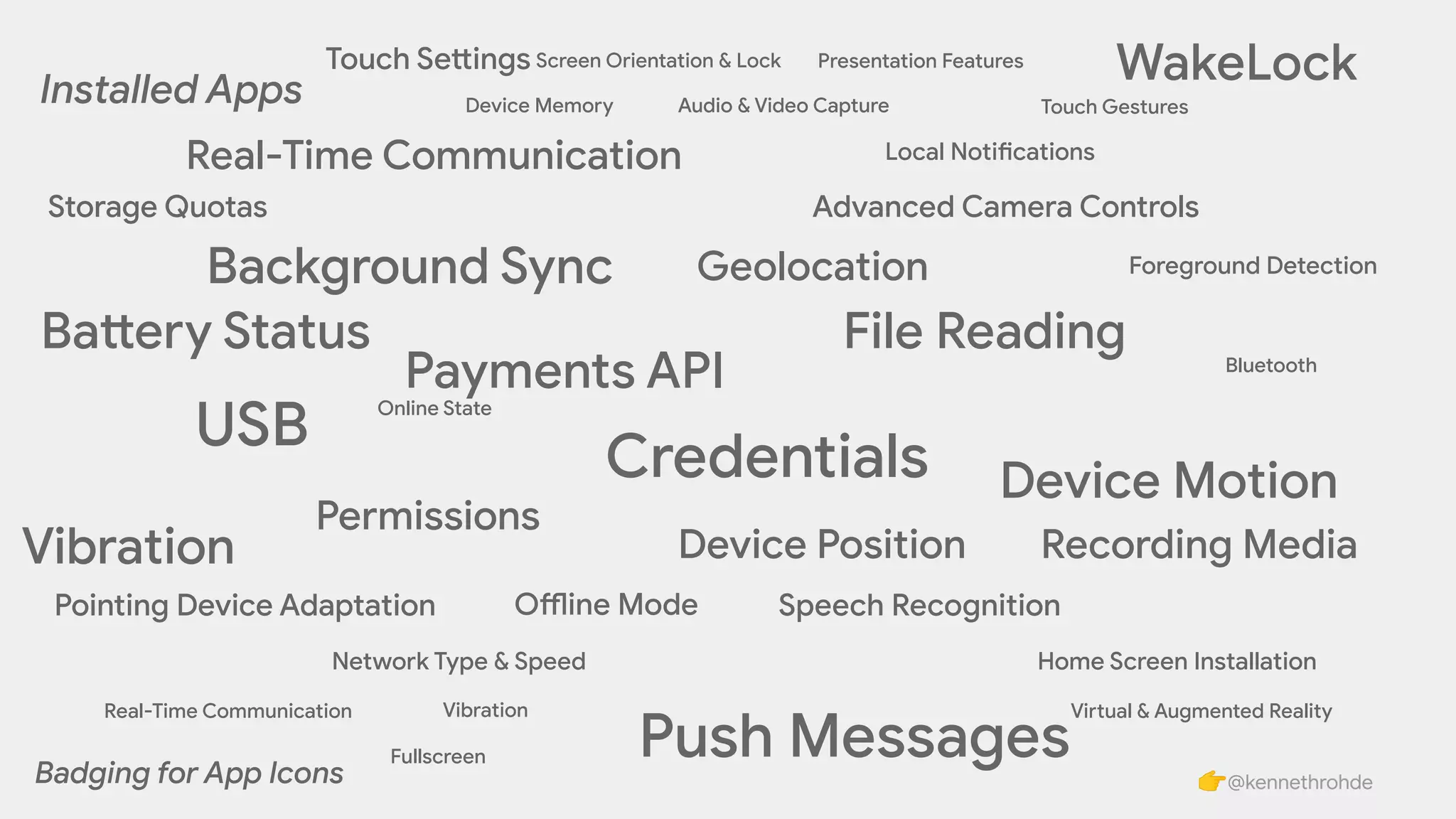 Audio & Video Capture
Advanced Camera Controls
Recording Media
Real-Time Communication
USB
Credentials
Payments API
Network Type & Speed
Online State
Vibration
Battery Status
Local Notifications
Push Messages
Home Screen Installation
Foreground Detection
Permissions
File Reading
Touch Settings
Speech RecognitionPointing Device Adaptation Offline Mode
Background Sync Geolocation
Device Position
Device Motion
Virtual & Augmented Reality
Fullscreen
Screen Orientation & Lock Presentation Features
Vibration
Device Memory
Bluetooth
Real-Time Communication
Touch Gestures
Storage Quotas
👉@kennethrohde
Installed Apps
Badging for App Icons
WakeLock
 