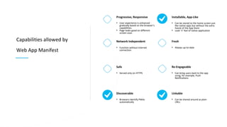Capabilities allowed by
Web App Manifest
Network Independent
• Function without Internet
connection
Safe
• Served only on HTTPS
Discoverable
• Browsers identify PWAs
automatically
Progressive, Responsive
• User experience is enhanced
gradually based on the browser’s
capabilities.
• Page looks good on different
screen sizes
Fresh
• Always up-to-date
Re-Engageable
• Can bring users back to the app
using, for example, Push
Notifications
Linkable
• Can be shared around as plain
URLs
Installable, App-Like
• Can be stored to the home screen just
like native apps but without the extra
hassle of the App Store
• Look ’n’ feel of native application
 