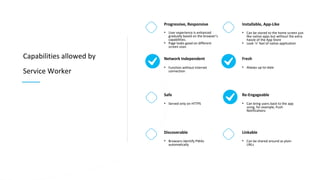 Capabilities allowed by
Service Worker
Network Independent
• Function without Internet
connection
Safe
• Served only on HTTPS
Discoverable
• Browsers identify PWAs
automatically
Progressive, Responsive
• User experience is enhanced
gradually based on the browser’s
capabilities.
• Page looks good on different
screen sizes
Fresh
• Always up-to-date
Re-Engageable
• Can bring users back to the app
using, for example, Push
Notifications
Linkable
• Can be shared around as plain
URLs
Installable, App-Like
• Can be stored to the home screen just
like native apps but without the extra
hassle of the App Store
• Look ’n’ feel of native application
 