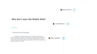 Why don’t users like Mobile Web?
Push Notifications
Payment Services
Offline capabilities
“3-second rule of the web.”
The theory is that you have about 3 seconds to capture a
visitor’s attention. Longer than that and you’ll lose them. Some say
it’s 4 seconds, and others say 2. The exact number doesn’t really
matter, the point is that you have precious little time to capture and
keep someone’s attention.
 