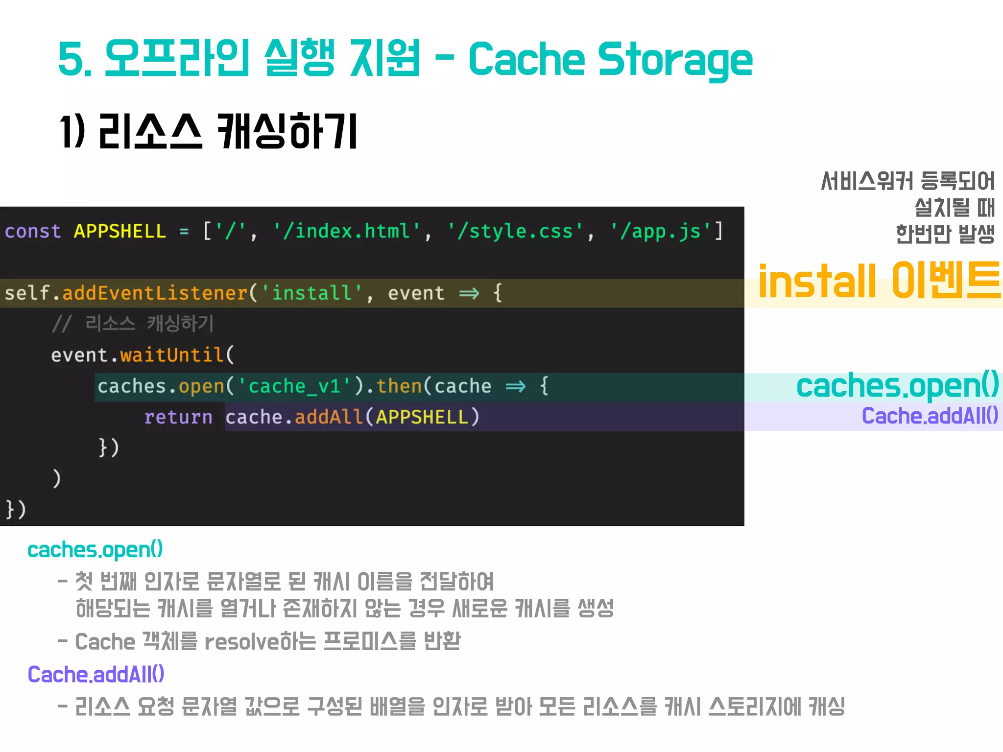 1) 리소스 캐싱하기
5. 오프라인 실행 지원 - Cache Storage
•caches.open()
• Cache.addAll()
•install 이벤트
• 서비스워커 등록되어
설치될 때
한번만 발생
• caches.open()
• - 첫 번째 인자로 문자
열
로 된 캐시 이름을 전달하여
해당되는 캐시를 열거나
존
재하지 않는 경우 새로운 캐시를 생성
• - Cache
객
체를 resolve하는 프로미스를 반환
• Cache.addAll()
• - 리소스 요청 문자
열
값으로 구성된 배열을 인자로 받아 모든 리소스를 캐시 스토리지에 캐싱
•
 