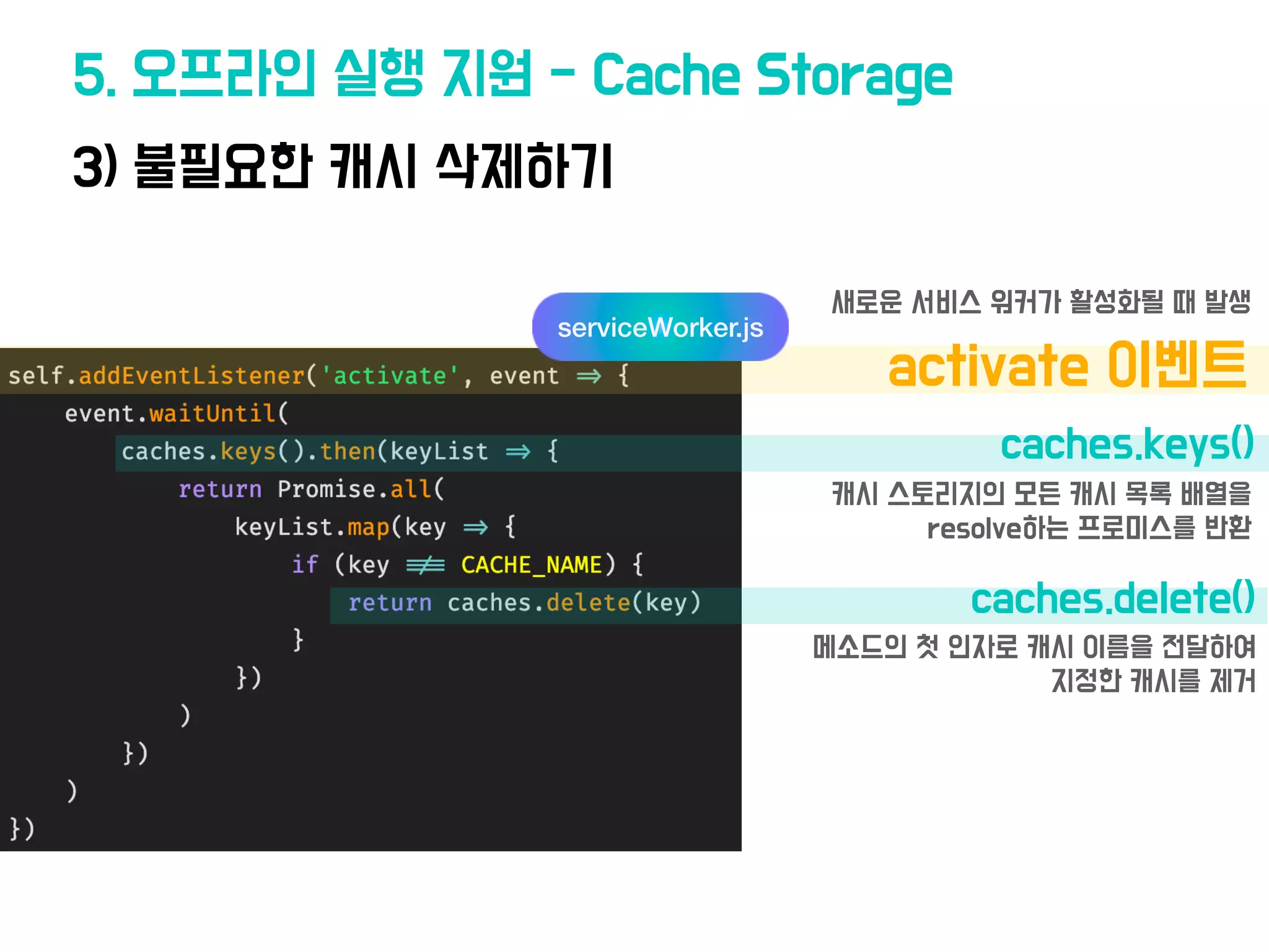 3) 불필요한 캐시 삭제하기
5. 오프라인 실행 지원 - Cache Storage
•caches.keys()
•activate 이벤트
•caches.delete()
• 캐시 스토리지의 모든 캐시 목록 배열을
resolve하는 프로미스를 반환
• 메소드의 첫 인자로 캐시 이름을 전달하여
지정한 캐시를 제거
• 새로운 서비스 워커가 활성화될 때 발생
serviceWorker.js
 
