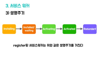 3) 생명주기
3. 서비스 워커
Installing
Installed/
waiting
Activating Activated Redundant
register된 서비스워커는 위와 같은 생명주기를 거친다
 