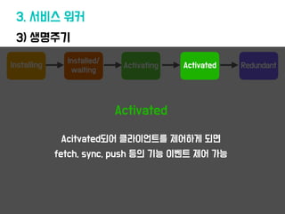 3) 생명주기
3. 서비스 워커
Installing
Installed/
waiting
Activating Redundant
Activated
Activated
Acitvated되어 클라이언트를 제어하게 되면
fetch, sync, push 등의 기능 이벤트 제어 가능
 