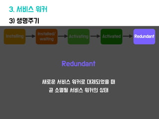 Activated
3) 생명주기
3. 서비스 워커
Installing
Installed/
waiting
Activating
Redundant
새로운 서비스 워커로 대체되었을 때
곧 소
멸
될 서비스 워커의 상태
Redundant
 