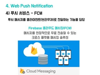 4) 푸시 서비스 - FCM
4. Web Push Notification
푸시 메시지를 클라이언트(브라우저)로 전달하는 기능을 담당
Firebase 클라우드 메시징(FCM)
메시지를 안정적으로 무료 전송할 수 있는
크로스 플랫폼 메시징 솔루션
 