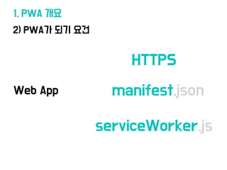 1. PWA 개요
HTTPS
manifest.json
serviceWorker.js
2) PWA가 되기 요건
Web App
 