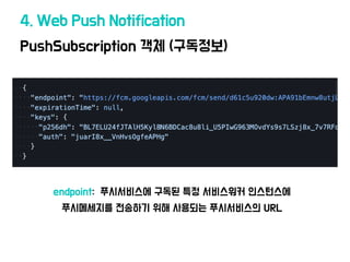 PushSubscription
객
체 (구독정보)
4. Web Push Notification
endpoint: 푸시서비스에 구독된 특정 서비스워커 인스턴스에
푸시메세지를 전송하기 위해 사용되는 푸시서비스의 URL
 