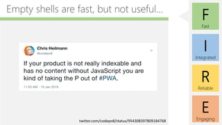 E
Engaging
F
Fast
I
Integrated
R
Reliable
PWAs should be faster, not slower...
 