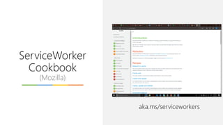 ServiceWorker
Cookbook
(Mozilla)
aka.ms/serviceworkers
 