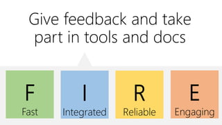 Give feedback and take
part in tools and docs
E
Engaging
F
Fast
I
Integrated
R
Reliable
 