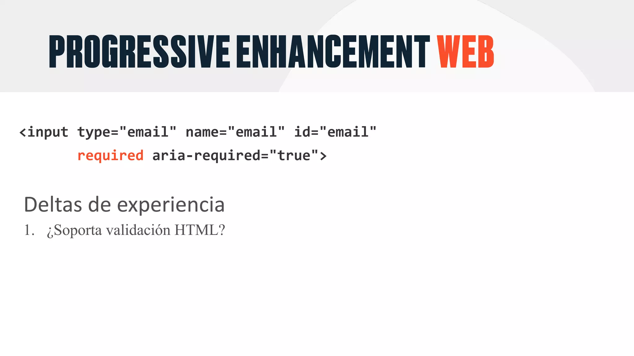 PROGRESSIVEENHANCEMENTWEB
required
Deltas	de	experiencia
1. ¿Soporta validación HTML?
 