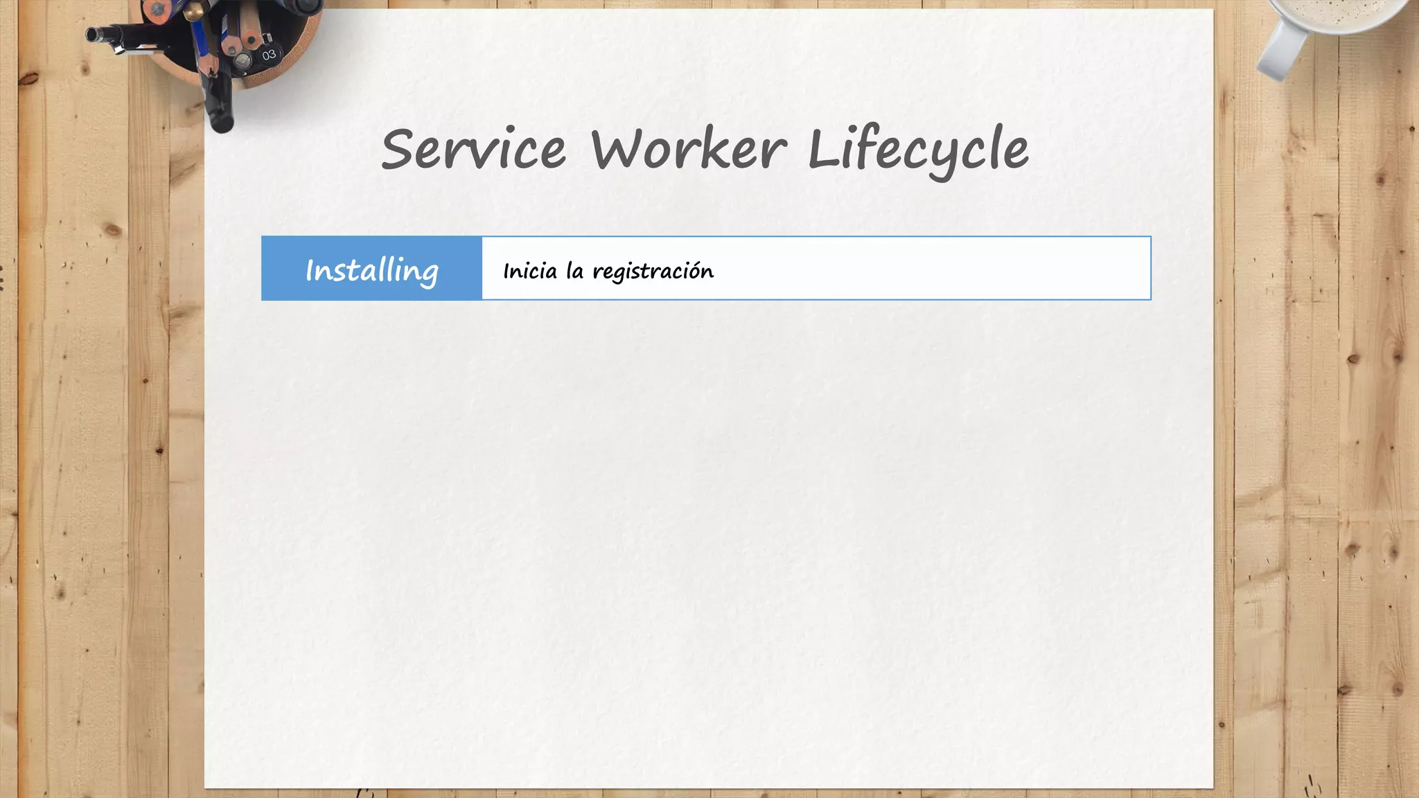 Service Worker Lifecycle
Inicia la registraciónInstalling
 
