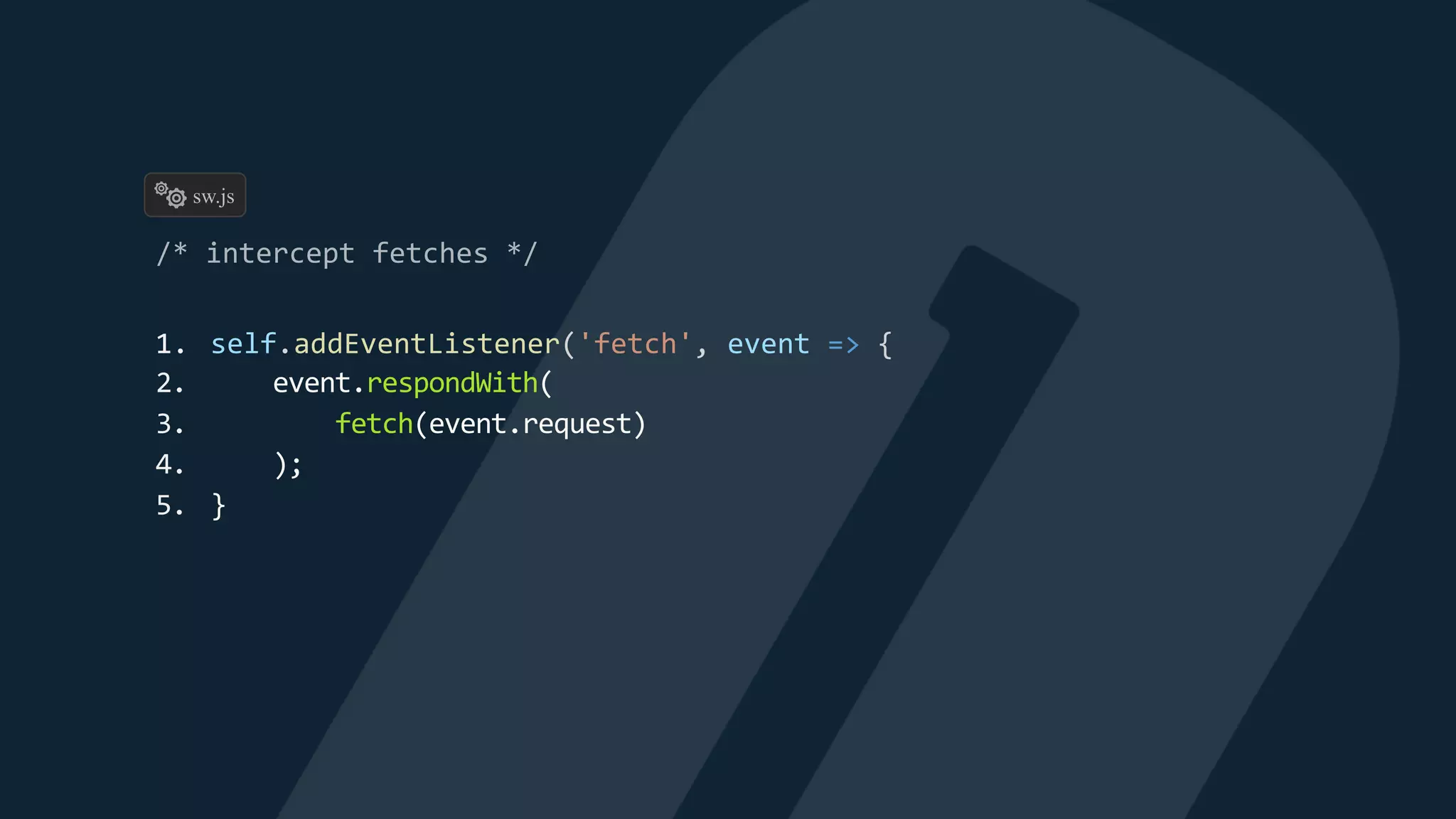 1. self.addEventListener('fetch', event => {
2. event.respondWith(
3. fetch(event.request)
4. );
5. }
sw.js
 