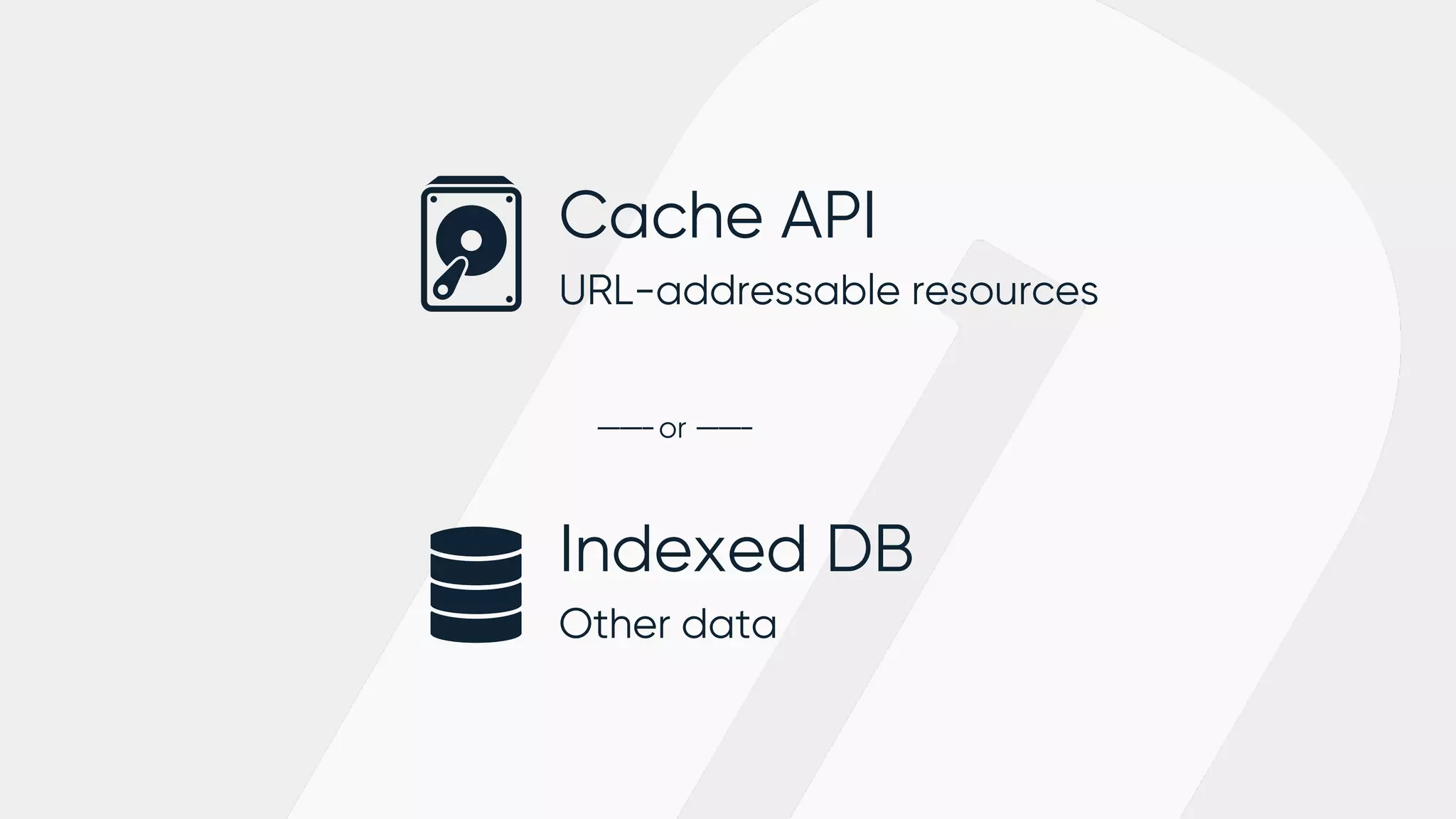 Cache API
URL-addressable resources
-----or -----
Indexed DB
Other data
 
