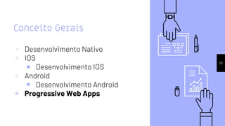 Conceito Gerais
▹ Desenvolvimento Nativo
▹ IOS
￭ Desenvolvimento IOS
▹ Android
￭ Desenvolvimento Android
▹ Progressive Web Apps
20
 