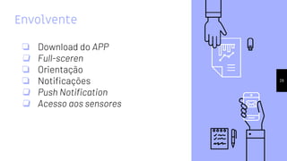 Envolvente
29
❏ Download do APP
❏ Full-sceren
❏ Orientação
❏ Notificações
❏ Push Notification
❏ Acesso aos sensores
 