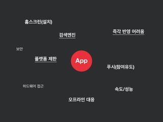 App플랫폼 제한
즉각 반영 어려움
속도/성능
오프라인 대응
하드웨어 접근
푸시(참여유도)
검색엔진
보안
홈스크린(설치)
 