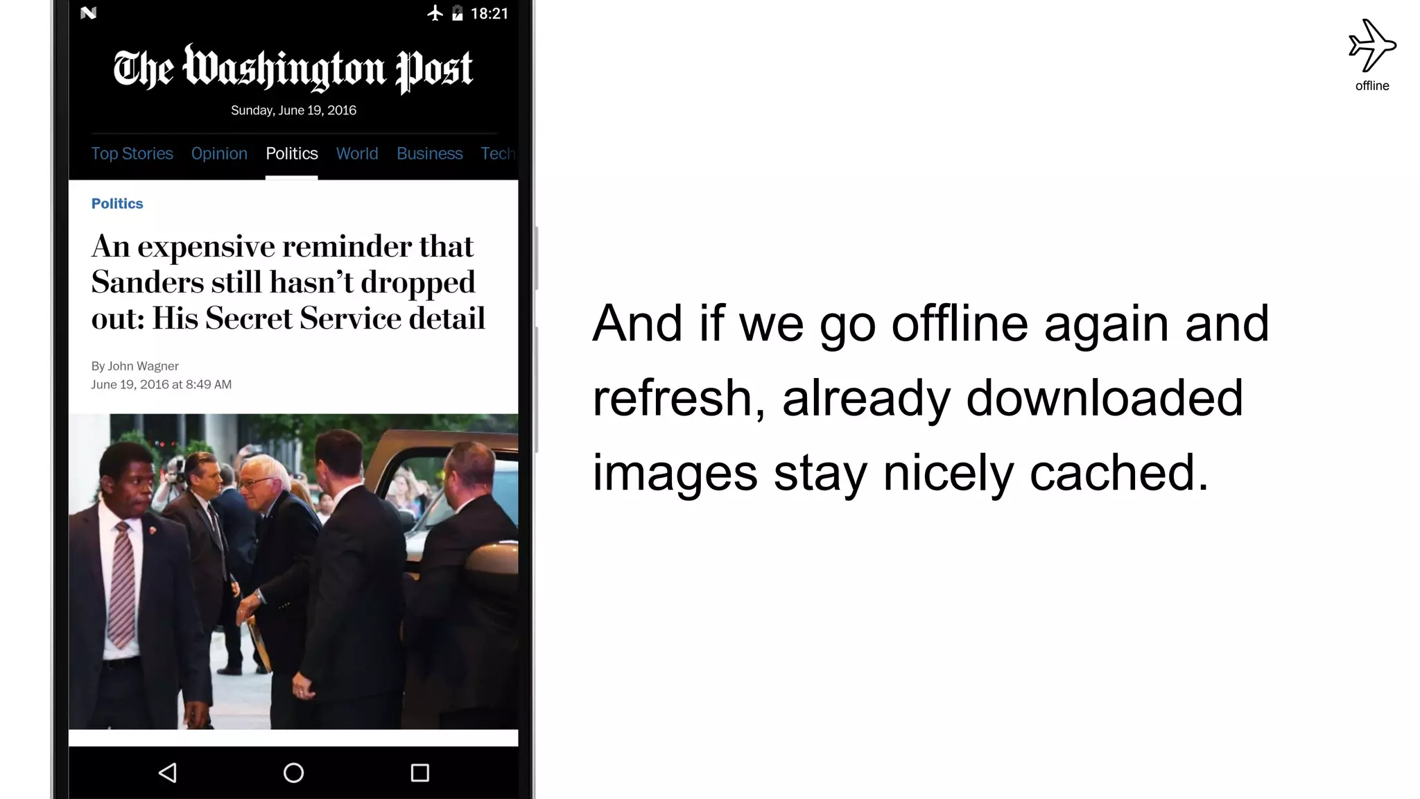 offline
And if we go offline again and
refresh, already downloaded
images stay nicely cached.
 