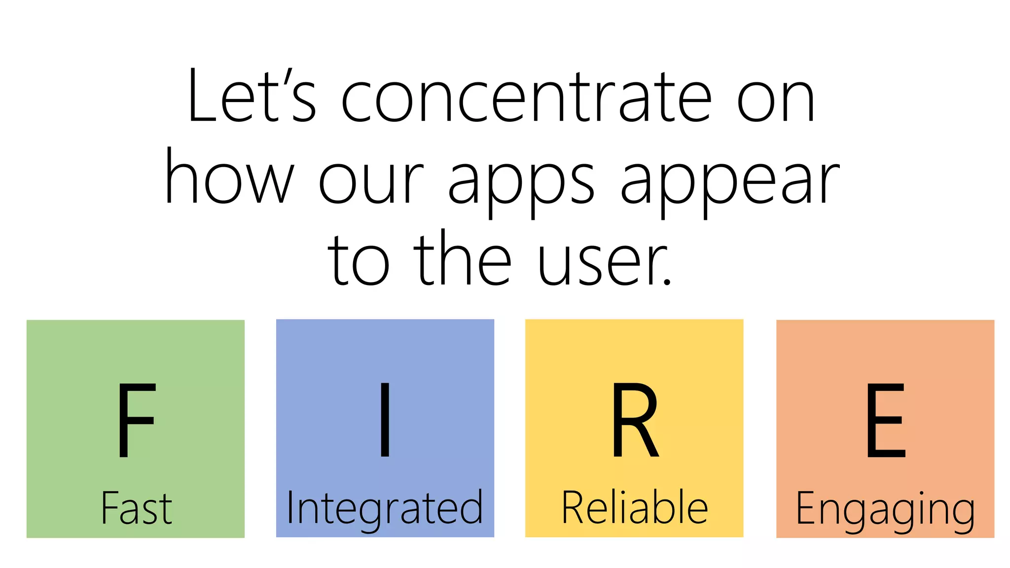 E
Engaging
Let’s concentrate on
how our apps appear
to the user.
F
Fast
I
Integrated
R
Reliable
 
