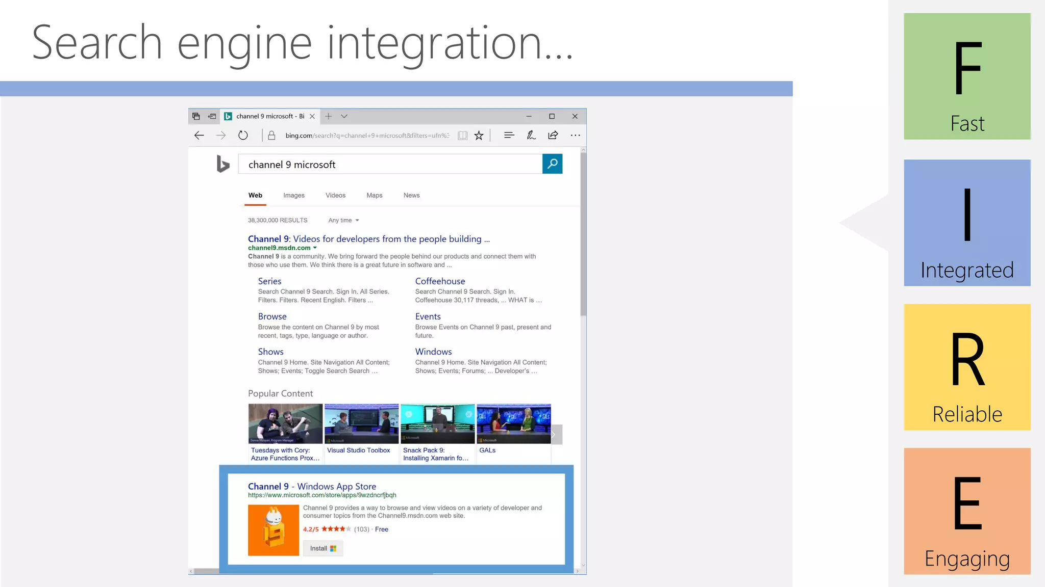 E
Engaging
F
Fast
I
Integrated
R
Reliable
Search engine integration...
 