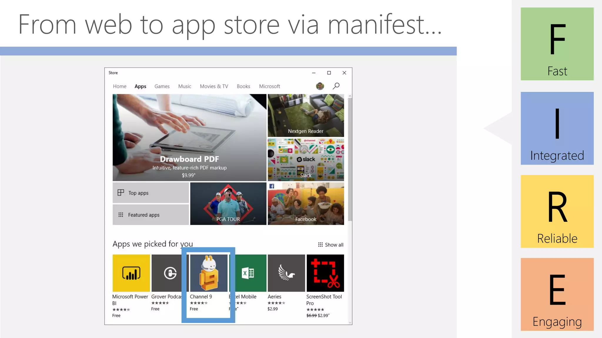 E
Engaging
F
Fast
I
Integrated
R
Reliable
From web to app store via manifest...
 