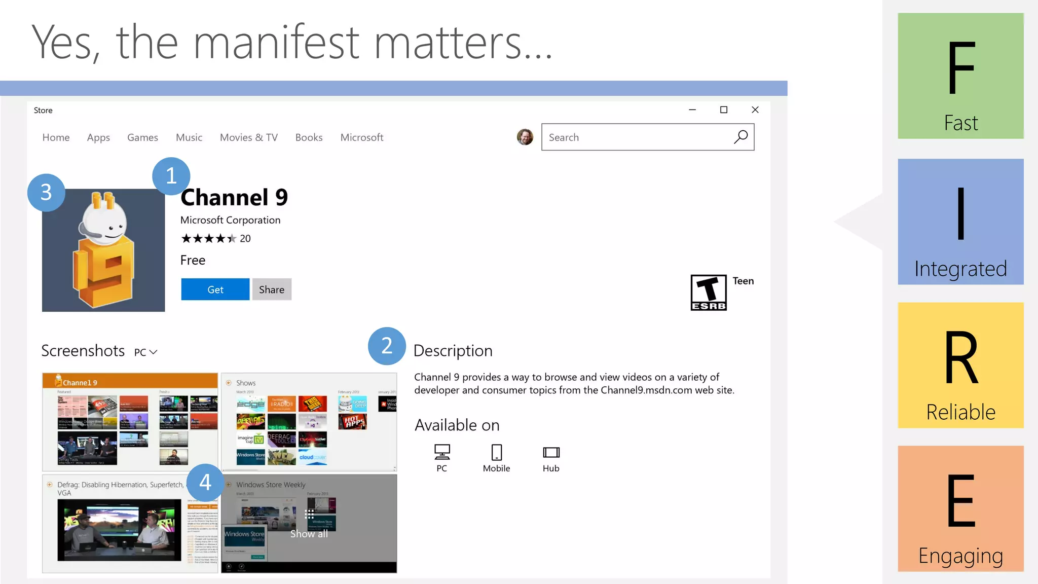 E
Engaging
F
Fast
I
Integrated
R
Reliable
Yes, the manifest matters...
 