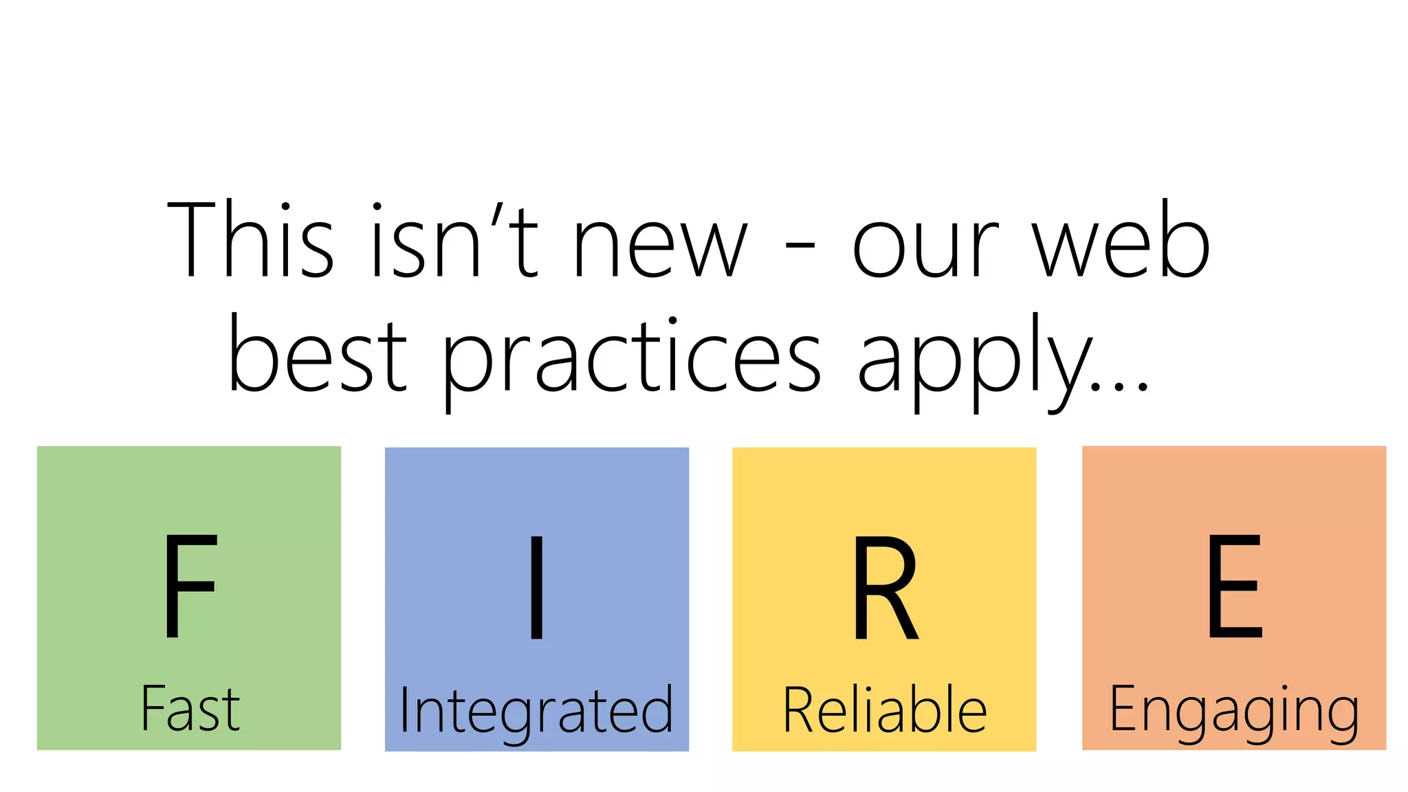 This isn’t new - our web
best practices apply…
E
Engaging
F
Fast
I
Integrated
R
Reliable
 