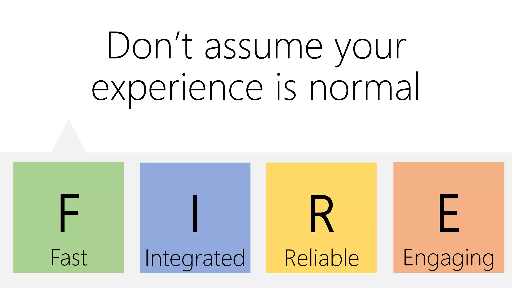 Don’t assume your
experience is normal
E
Engaging
F
Fast
I
Integrated
R
Reliable
 