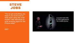 STEVE
JOBS
“You’ve got everything you
need if you know how to
write apps using the most
modern web standards to
write amazing apps for the
iPhone today”
2007
 