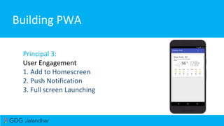 Building PWA
Principal 3:
User Engagement
1. Add to Homescreen
2. Push Notification
3. Full screen Launching
 