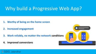 Why build a Progressive Web App?
1. Worthy of being on the home screen
2. Increased engagement
3. Work reliably, no matter the network conditions
4. Improved conversions
 