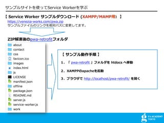  Service Worker ץ` (XAMPP/MAMP? 
https://venezia-works.com/pwa.zip
ץեΥ󥯤ѥˉƤޤ
 ץ? 
 pwa-retrofit ե htdocs Ƅ
XAMPPapache
֥饦 http://localhost/pwa-retrofit/ _
ZIPpwa-retrofitե
ץ륵ȤʹäService Workerѧ
 