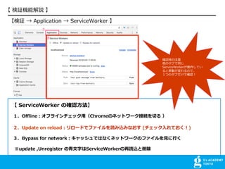 ^  Application  ServiceWorker 
 ServiceWorker δ_J?
Offlineե饤å?ChromeΥͥåȥ`ӾAФ 
Update on reload`ɤǥեizߤʤ (å?Ƥ)
Bypass for networkåǤϤʤͥåȥ`Υե??
update ,Unregister ??֤ServiceWorkeriz
_Jrע
Υ֤ͬ
ServiceWorkerƤ
ȒӤΤǡ
ĤΥ֤Ǵ_J
 ^Cܽh 
 