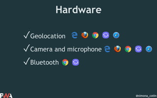 @simona_cotin
Hardware
✓Geolocation
✓Camera and microphone
✓Bluetooth
 
