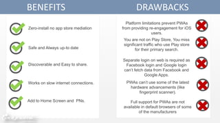 Platform limitations prevent PWAs
from providing re-engagement for iOS
users.
Separate login on web is required as
Facebook login and Google login
can’t fetch data from Facebook and
Google Apps.
PWAs can’t use some of the latest
hardware advancements (like
fingerprint scanner).
You are not on Play Store, You miss
significant traffic who use Play store
for their primary search.
Zero-install no app store mediation
Discoverable and Easy to share.
Works on slow internet connections.
Safe and Always up-to date
BENEFITS DRAWBACKS
Full support for PWAs are not
available in default browsers of some
of the manufacturers
Add to Home Screen and PNs.
 