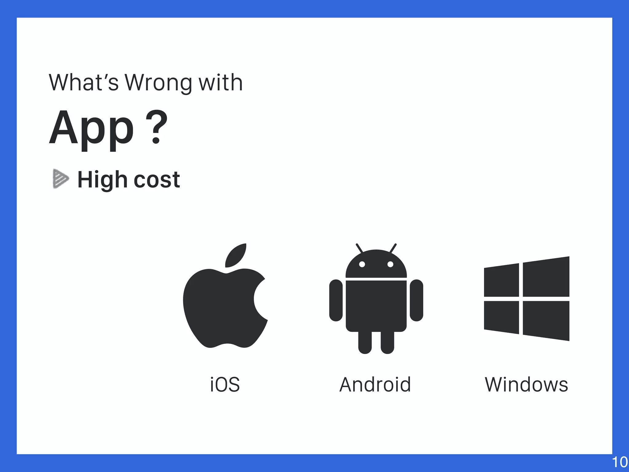 What’s Wrong with
App ?
High cost
10
iOS WindowsAndroid
 