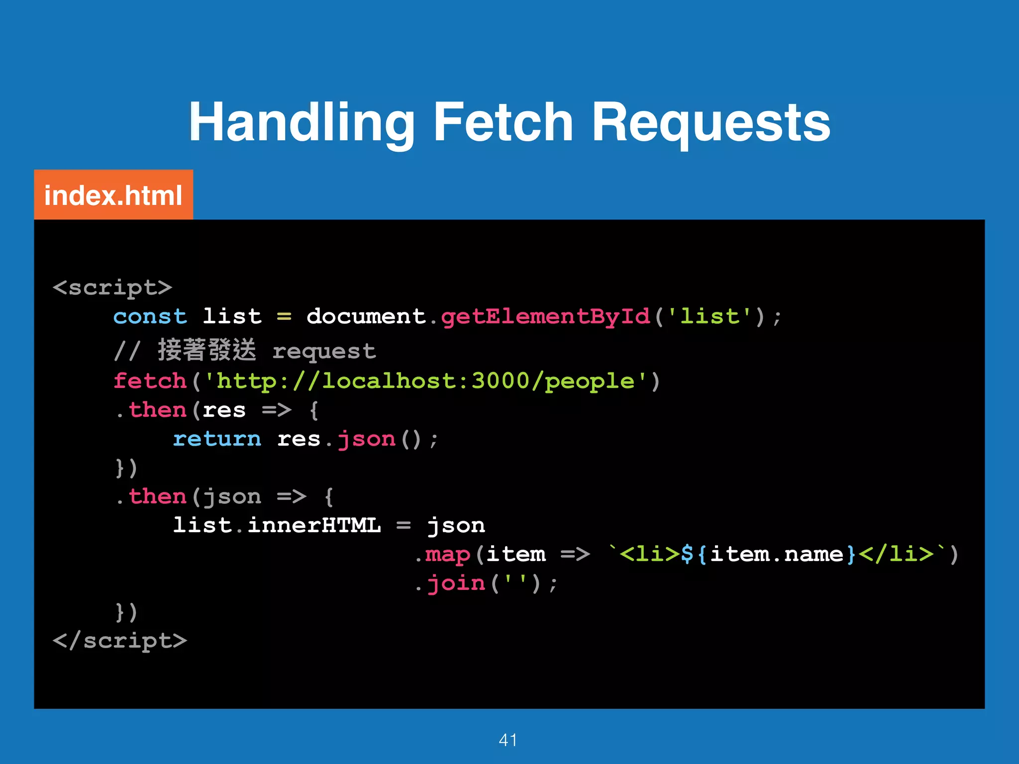 41
<script>
const list = document.getElementById('list');
// request
fetch('http://localhost:3000/people')
.then(res => {
return res.json();
})
.then(json => {
list.innerHTML = json
.map(item => `<li>${item.name}</li>`)
.join('');
})
</script>
index.html
Handling Fetch Requests
 