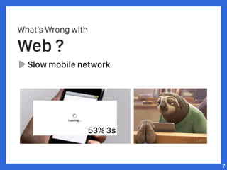 What’s Wrong with
Web ?
Slow mobile network
7
53% 3s
 