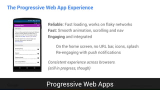 Confidential & Proprietary
Reliable: Fast loading, works on flaky networks 
Fast: Smooth animation, scrolling and nav 
Engaging and integrated
On the home screen, no URL bar, icons, splash 
Re-engaging with push notifications
Consistent experience across browsers 
(still in progress, though)
The Progressive Web App Experience
Progressive Web Apps
 