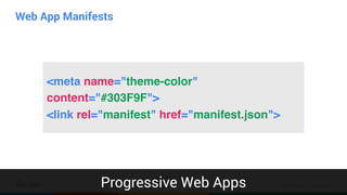 Confidential & Proprietary
Web App Manifests
Progressive Web Apps
<meta name="theme-color"
content="#303F9F">
<link rel="manifest" href="manifest.json">
 