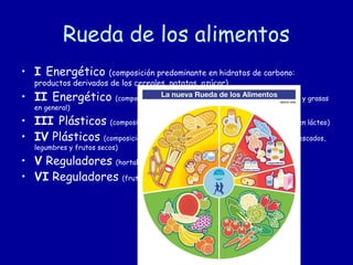 Rueda de los alimentos
• I Energético (composición predominante en hidratos de carbono:
productos derivados de los cereales, patatas, azúcar)
• II Energético (composición predominante en lípidos: mantequilla, aceites y grasas
en general)
• III Plásticos (composición predominante en proteínas: productos de origen lácteo)
• IV Plásticos (composición predominante en proteínas: cárnicos, huevos y pescados,
legumbres y frutos secos)
• V Reguladores (hortalizas y verduras)
• VI Reguladores (frutas)
 