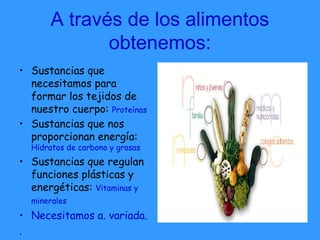 A través de los alimentos
obtenemos:
• Sustancias que
necesitamos para
formar los tejidos de
nuestro cuerpo: Proteínas
• Sustancias que nos
proporcionan energía:
Hidratos de carbono y grasas
• Sustancias que regulan
funciones plásticas y
energéticas: Vitaminas y
minerales
• Necesitamos a. variada.
.
 