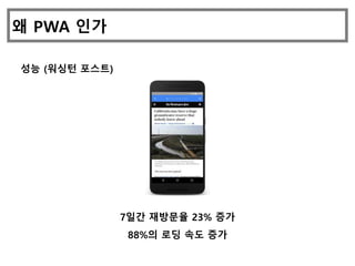 왜 PWA 인가
성능 (워싱턴 포스트)
7일간 재방문율 23% 증가
88%의 로딩 속도 증가
 