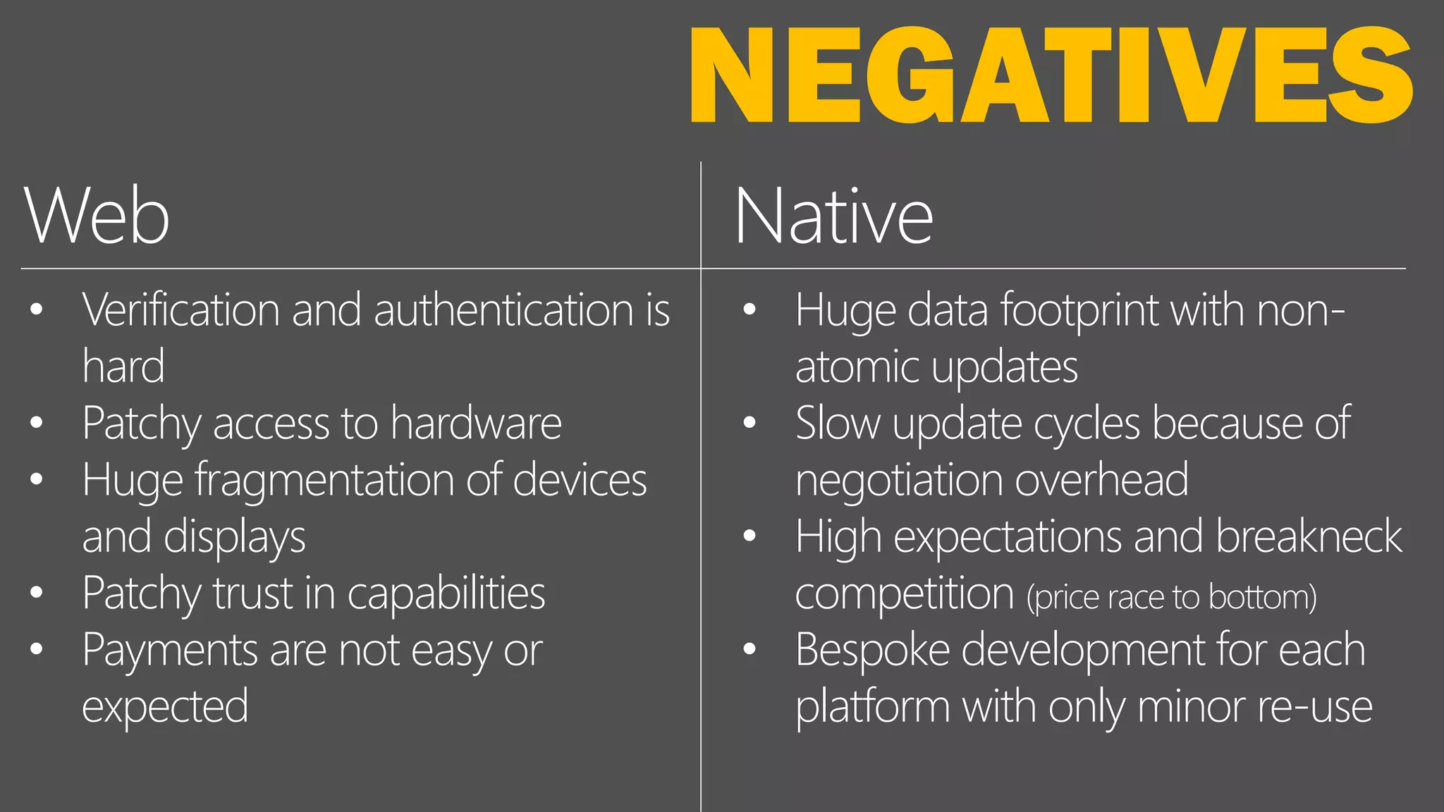 • Verification and authentication is
hard
• Patchy access to hardware
• Huge fragmentation of devices
and displays
• Patchy trust in capabilities
• Payments are not easy or
expected
NativeWeb
• Huge data footprint with non-
atomic updates
• Slow update cycles because of
negotiation overhead
• High expectations and breakneck
competition (price race to bottom)
• Bespoke development for each
platform with only minor re-use
NEGATIVES
 