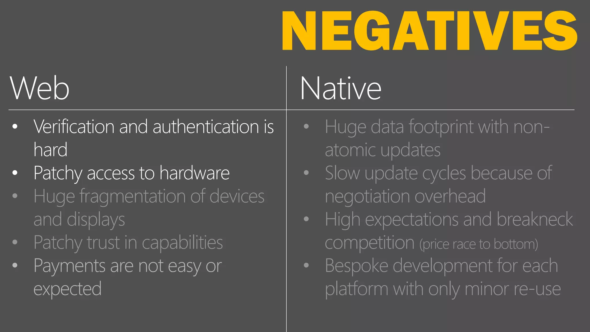 • Verification and authentication is
hard
• Patchy access to hardware
• Huge fragmentation of devices
and displays
• Patchy trust in capabilities
• Payments are not easy or
expected
NativeWeb
• Huge data footprint with non-
atomic updates
• Slow update cycles because of
negotiation overhead
• High expectations and breakneck
competition (price race to bottom)
• Bespoke development for each
platform with only minor re-use
NEGATIVES
 