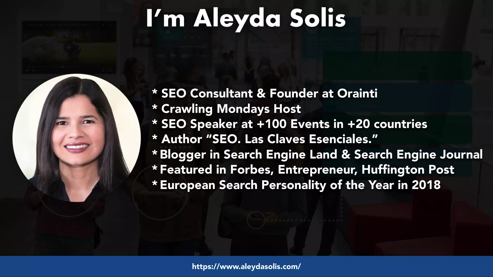 #pwaseo by @aleyda from #orainti at @digitaleliteday!
I’m Aleyda Solis
* SEO Consultant & Founder at Orainti 
* Crawling Mondays Host
* SEO Speaker at +100 Events in +20 countries
* Author “SEO. Las Claves Esenciales.”
* Blogger in Search Engine Land & Search Engine Journal
* Featured in Forbes, Entrepreneur, Hufﬁngton Post
* European Search Personality of the Year in 2018
https://www.aleydasolis.com/
 