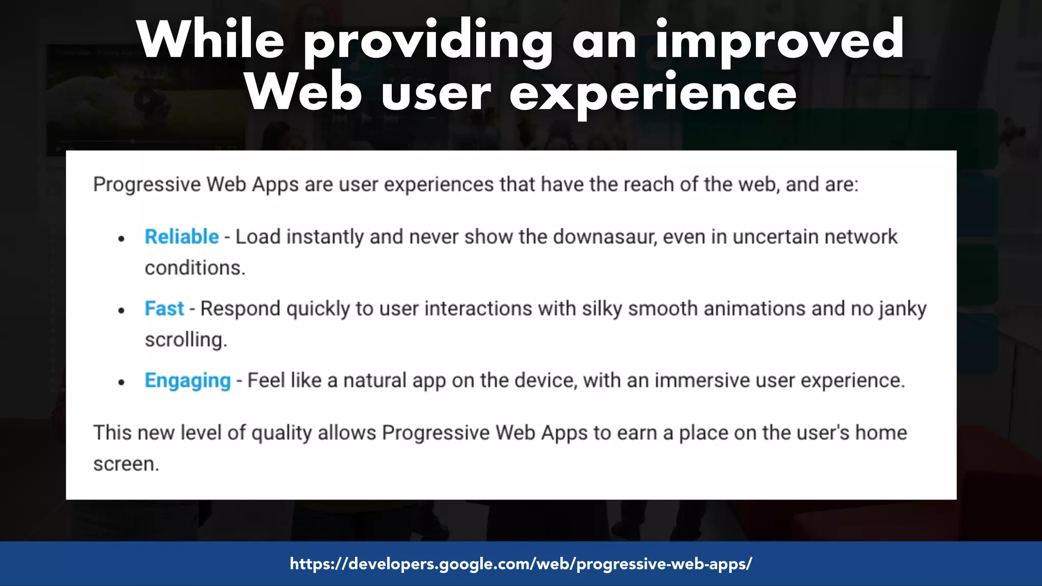 #pwaseo by @aleyda from #orainti at @digitaleliteday!
While providing an improved  
Web user experience
https://developers.google.com/web/progressive-web-apps/
 