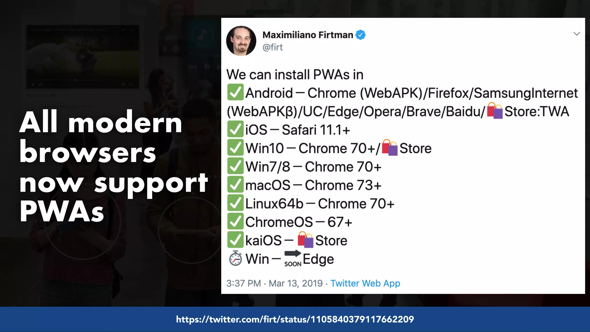 #pwaseo by @aleyda from #orainti at @digitaleliteday!
All modern
browsers
now support
PWAs
https://twitter.com/firt/status/1105840379117662209
 